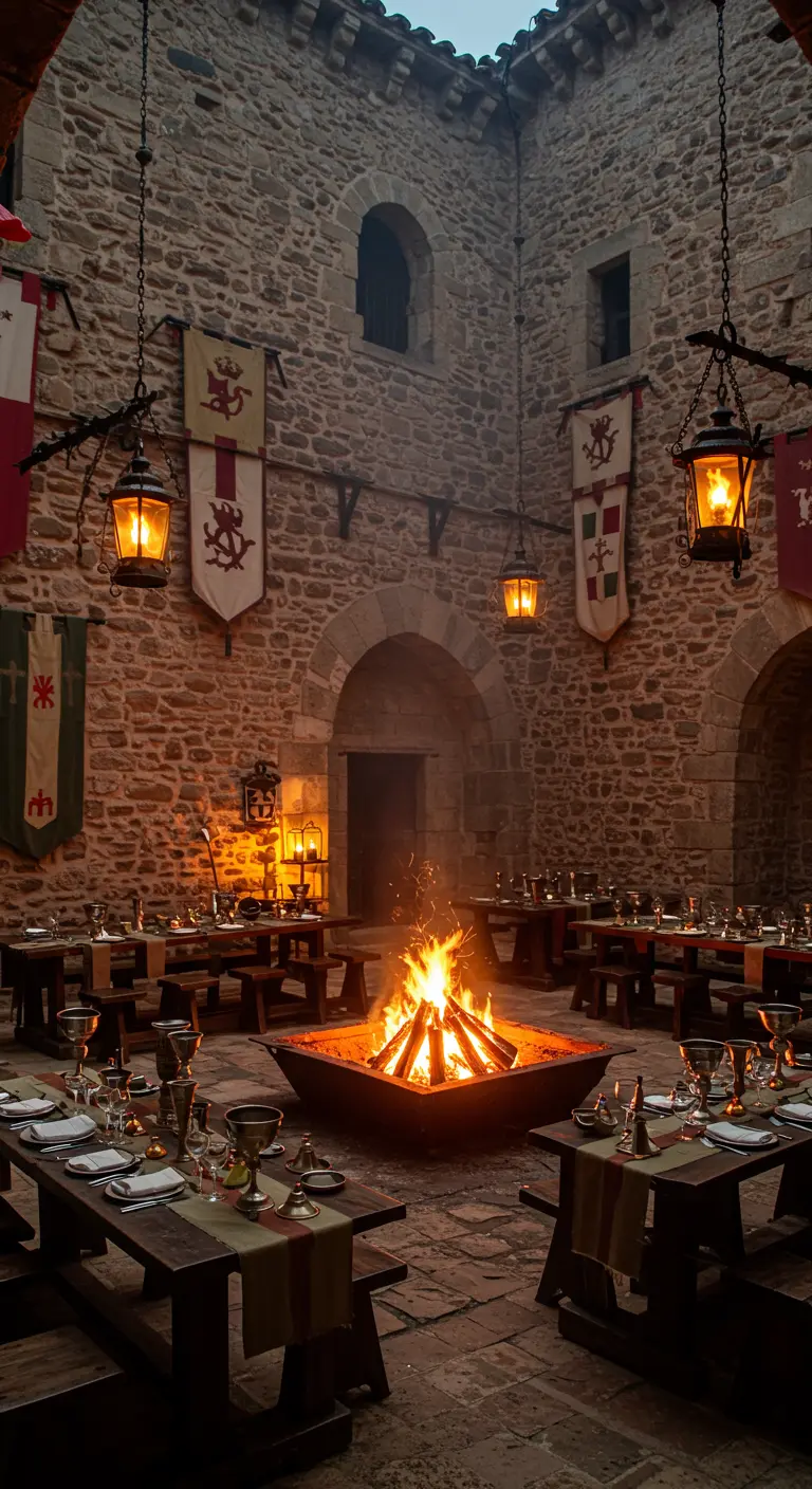 Patio de un castillo de piedra con una hoguera central y mesas de madera para un banquete.