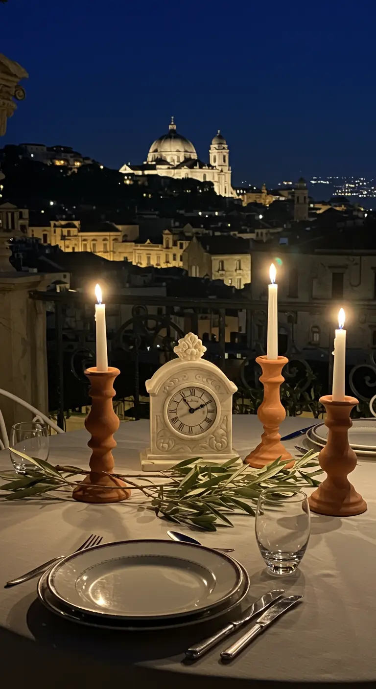 Mesa en un balcón con vistas a una ciudad mediterránea, con un reloj blanco y candelabros de terracota.