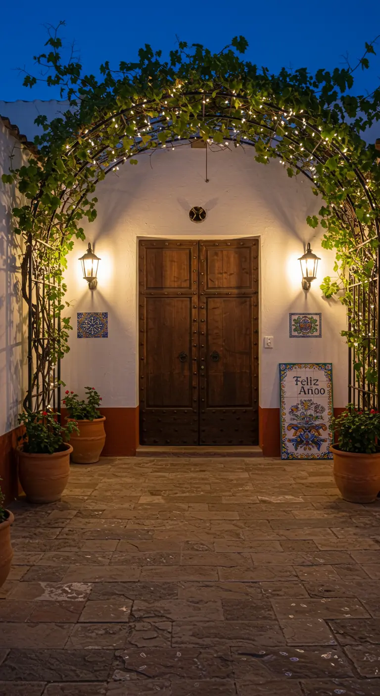 Entrada a un patio mediterráneo con un arco de parra iluminado y azulejos.