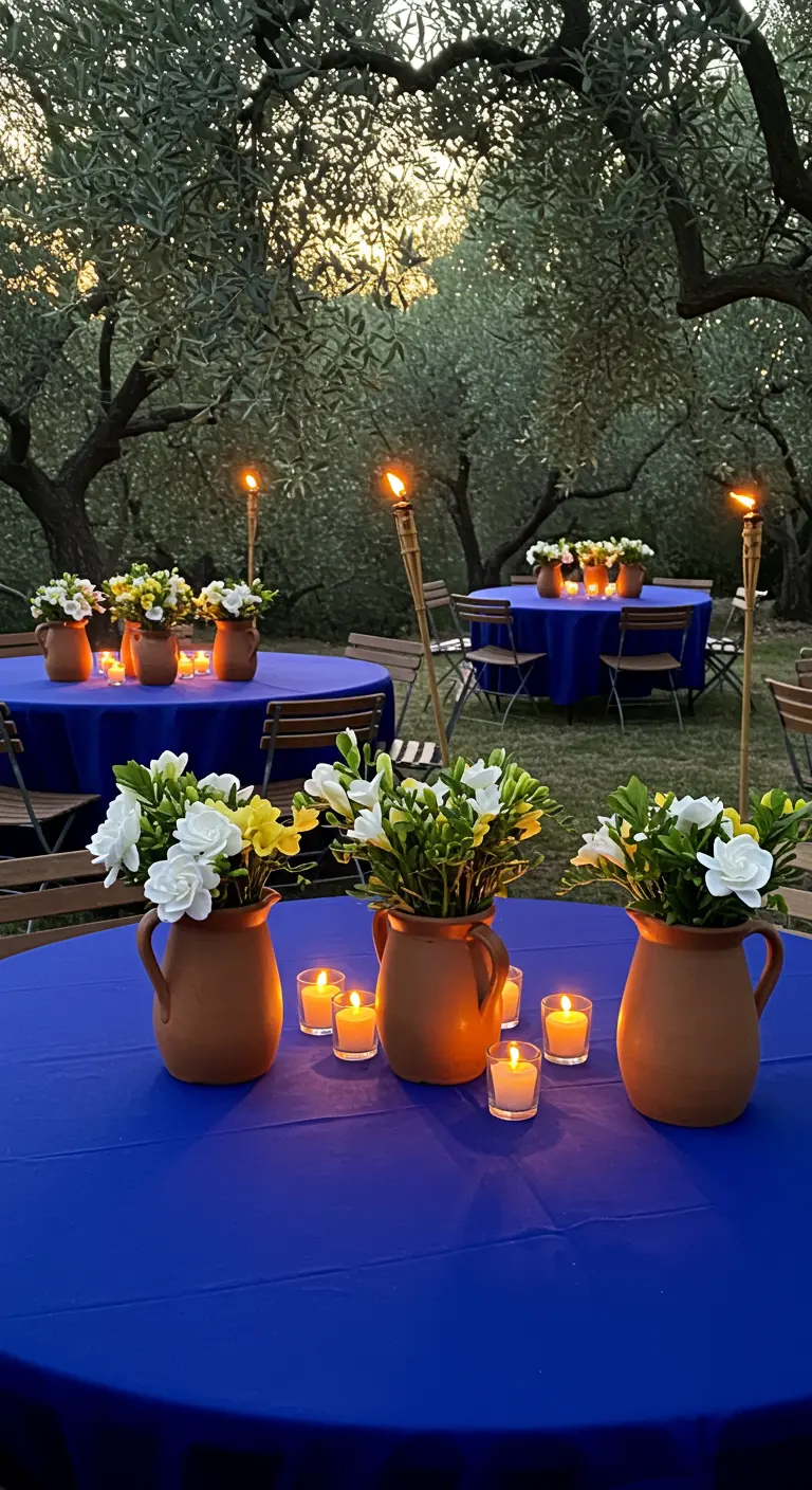 Mesas con manteles azules y flores blancas y amarillas en jarras de cerámica, iluminadas por velas.