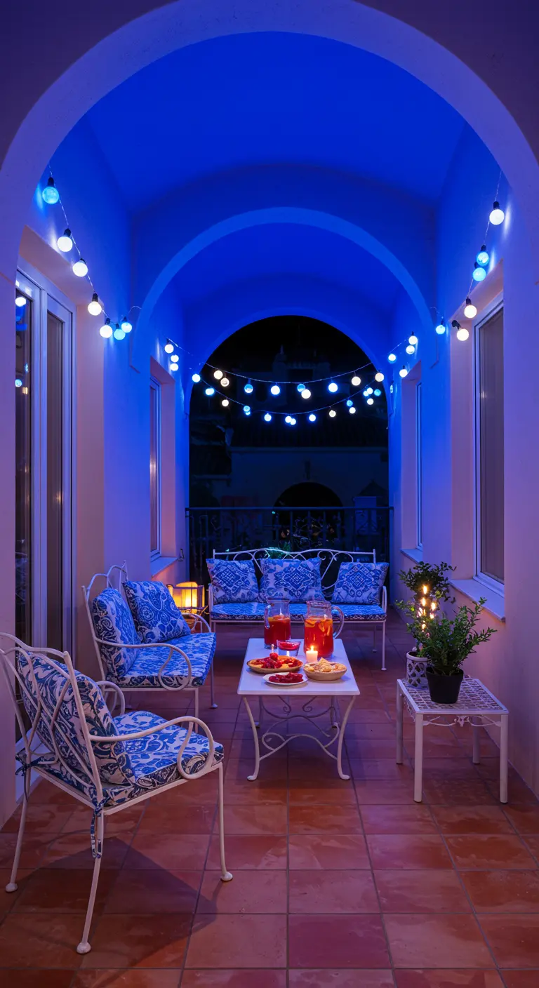Porche con arco y muebles blancos y azules, iluminado por una guirnalda de luces LED blancas y azules