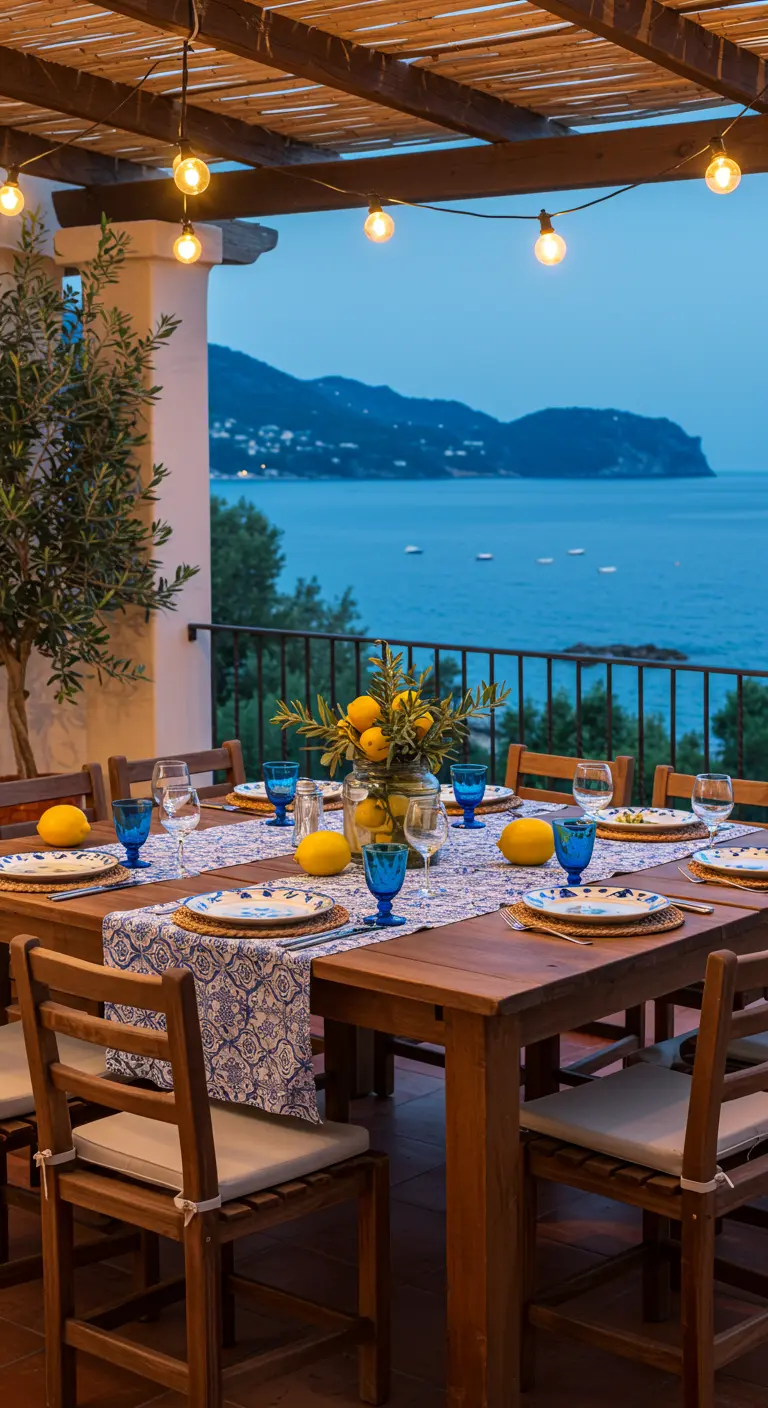Terraza con vistas al mar, decorada con limones frescos y vajilla azul y blanca.