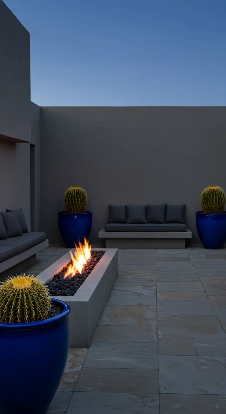 Patio minimalista de noche con fogón, sofás grises y grandes macetas azules.
