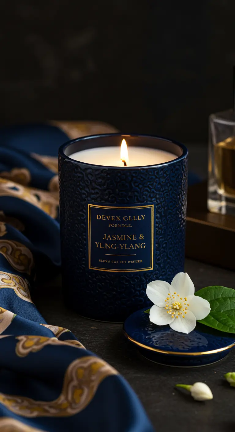 Vela de jazmín en un elegante recipiente de cerámica azul oscuro con tapa a juego