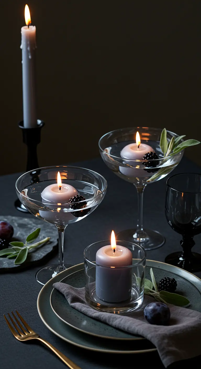 Copas de cóctel con velas flotantes grises, moras y hojas de salvia sobre una mesa oscura.