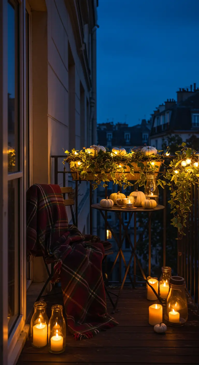 Balcón parisino de noche iluminado con velas en frascos, luces cálidas y calabazas blancas