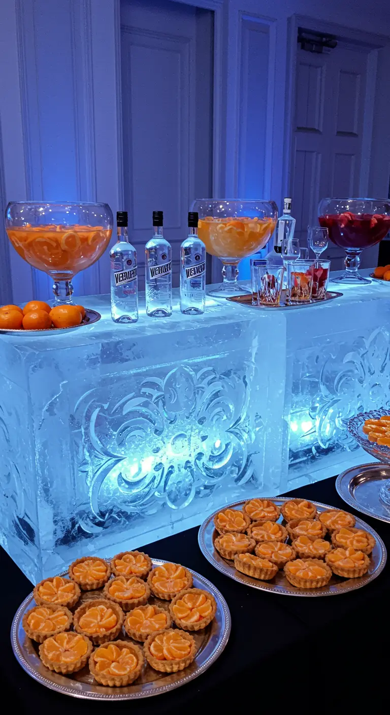 Impresionante barra de hielo iluminada con ponche de cítricos y postres.