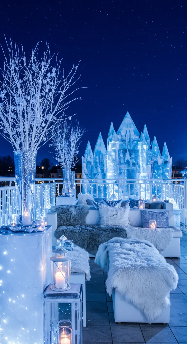 Terraza de invierno decorada en blanco y azul, con una escultura de hielo, pieles sintéticas y luces.