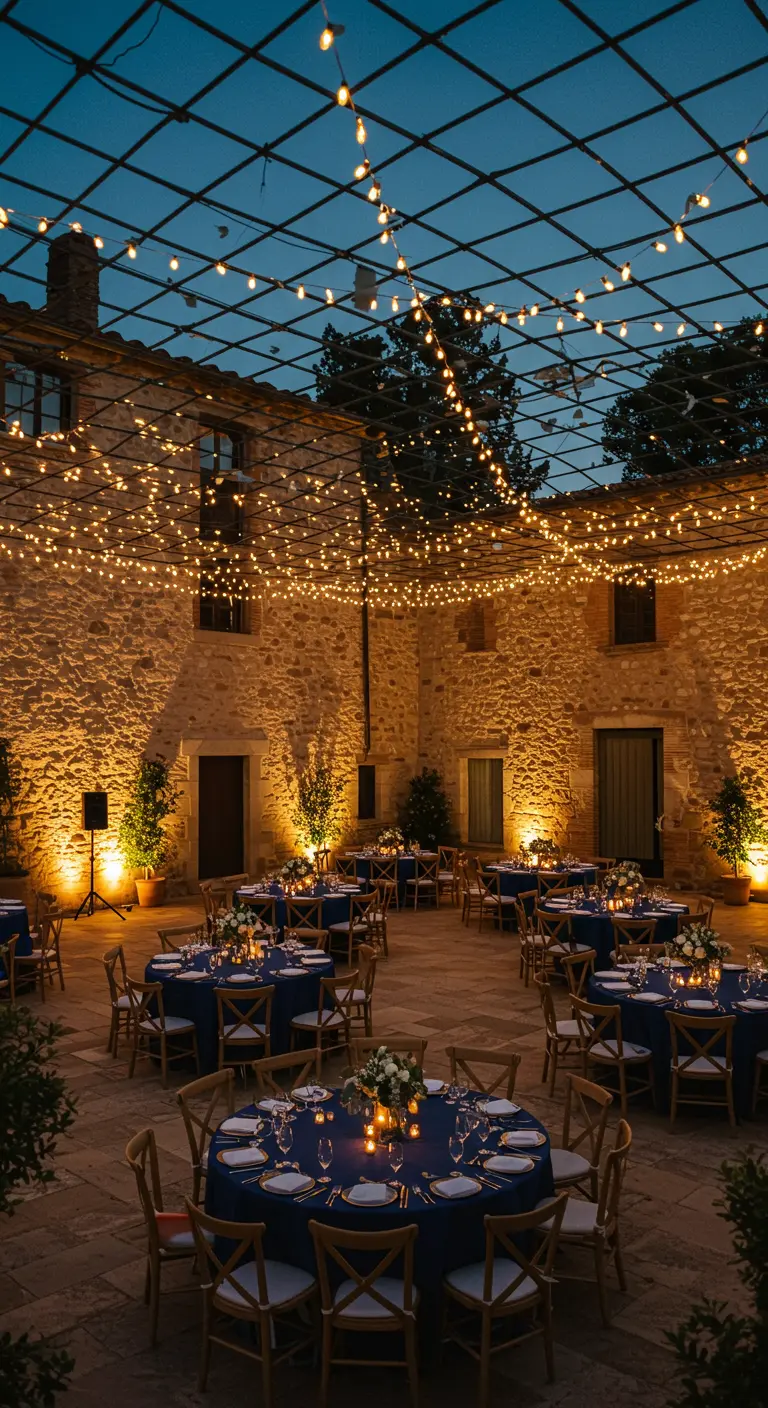 Patio de piedra iluminado con una red de luces de bombilla para una boda nocturna.