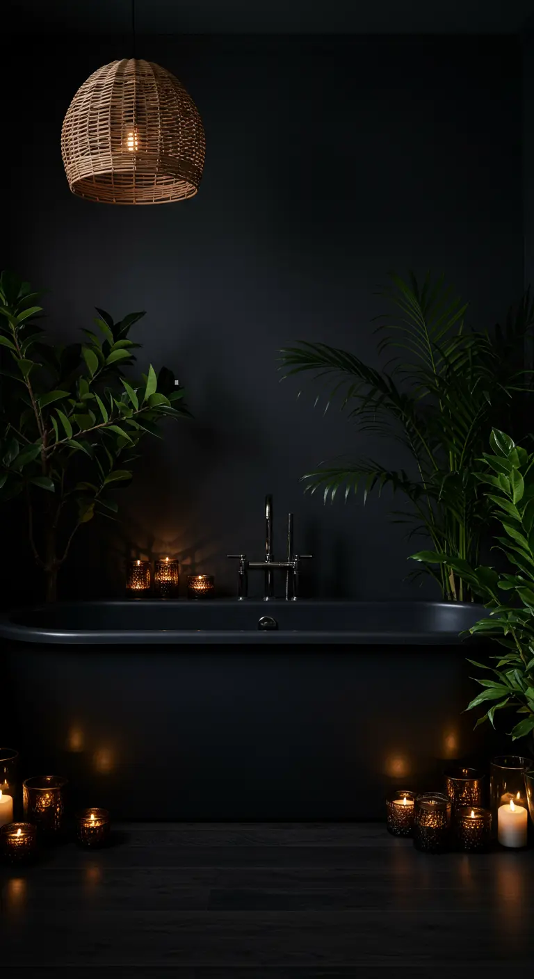 Baño oscuro y elegante con bañera negra, plantas y luz de velas.