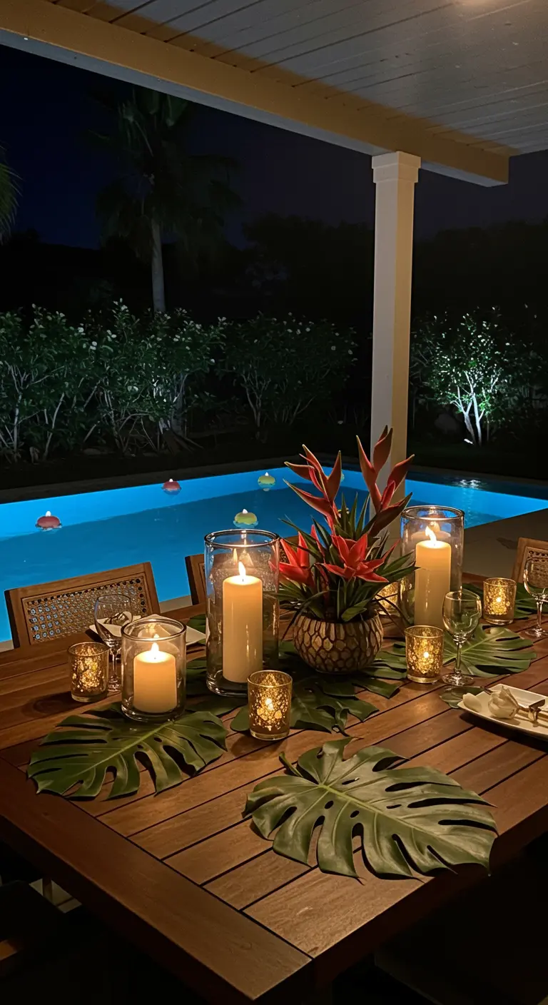 Mesa de madera junto a una piscina con un centro de mesa de hojas de monstera y velas en huracanes.