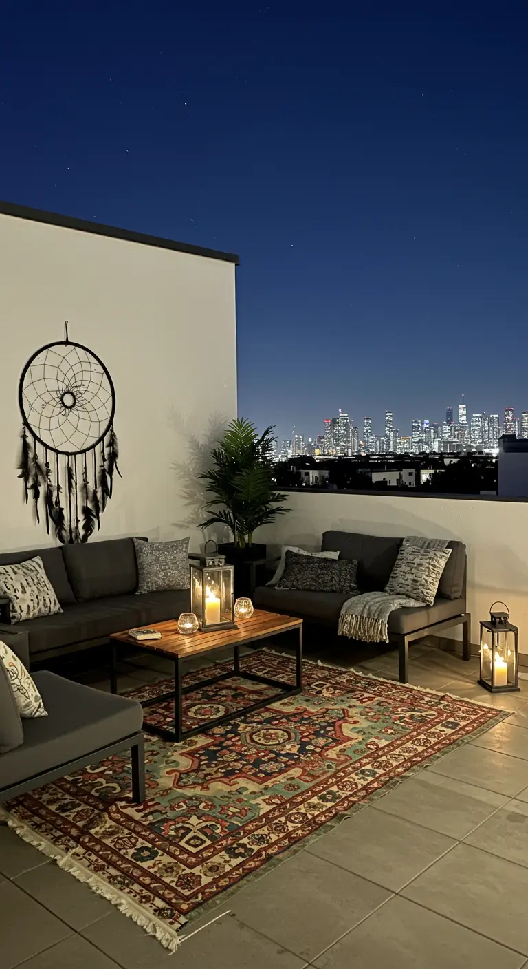 Terraza en la azotea por la noche con vistas a la ciudad, muebles oscuros y un atrapasueños negro