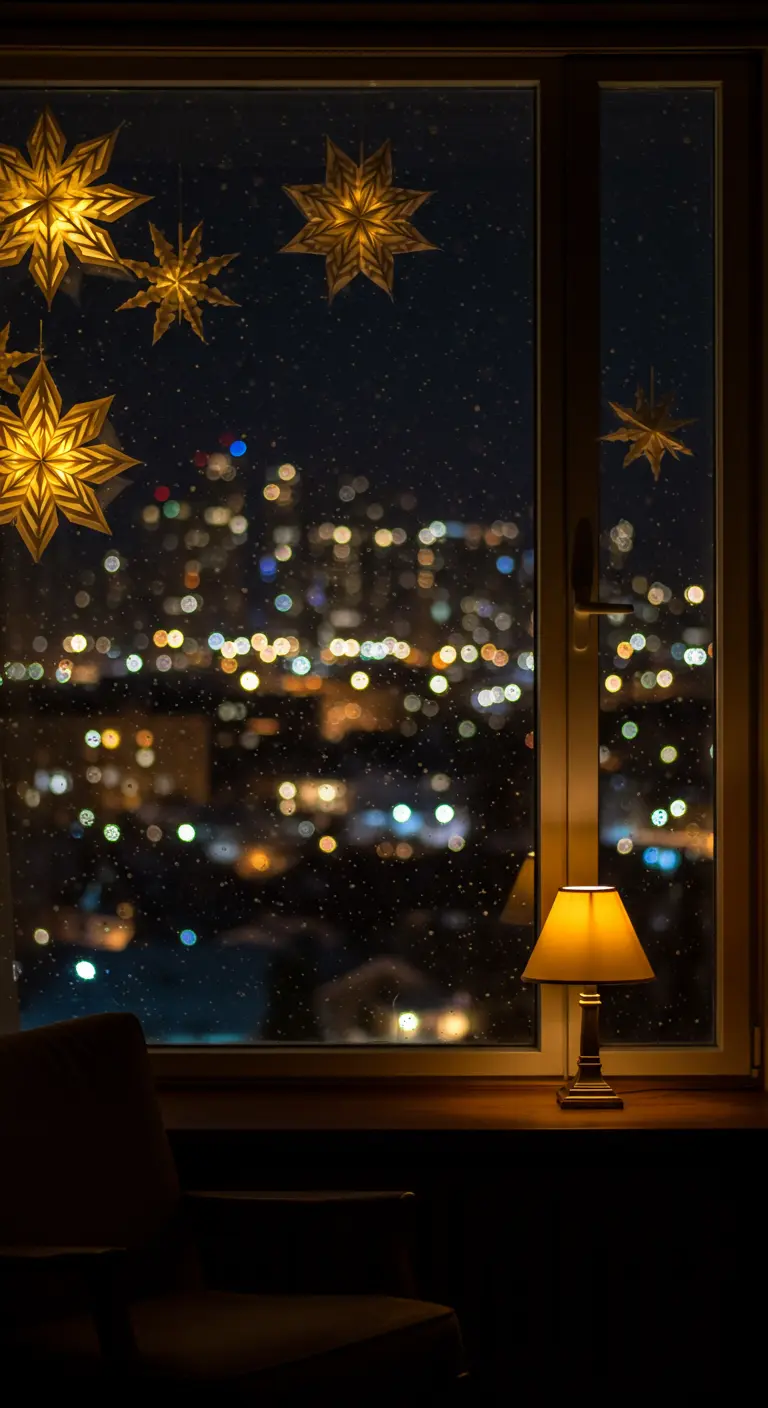 Estrellas de papel iluminadas desde dentro cuelgan en una ventana con vistas a las luces de la ciudad.