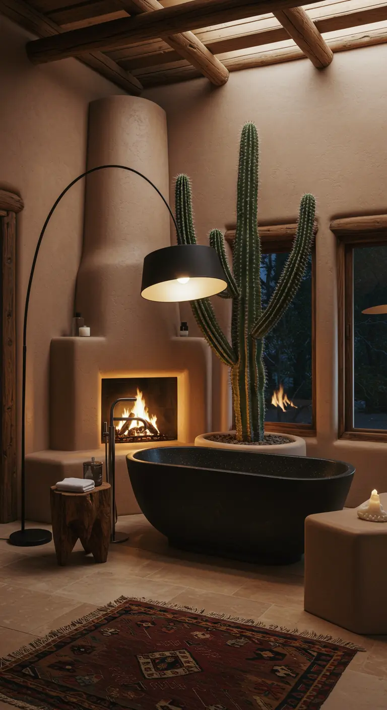 Baño de lujo con chimenea de adobe, bañera negra y un gran cactus.