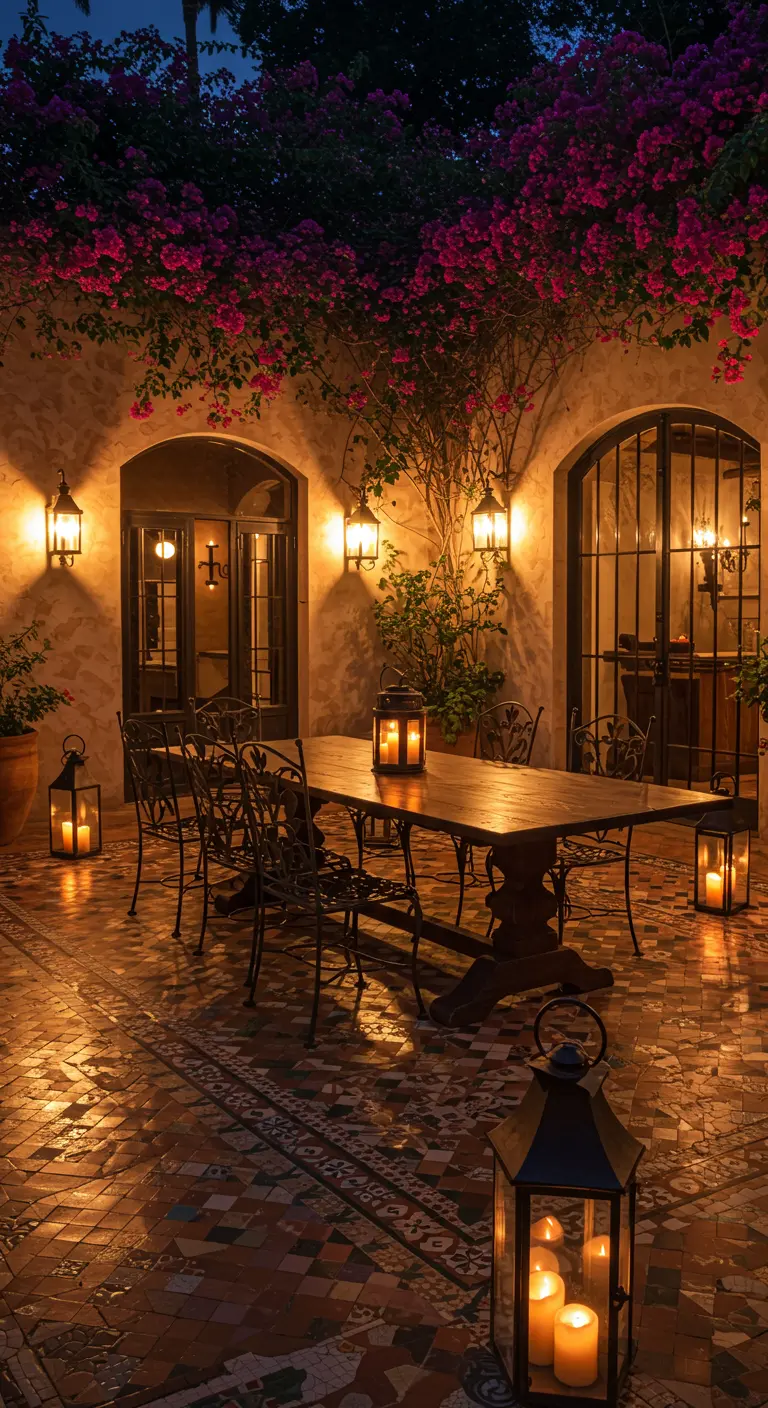 Patio de estilo español con mesa de hierro forjado, buganvillas y faroles de vela.