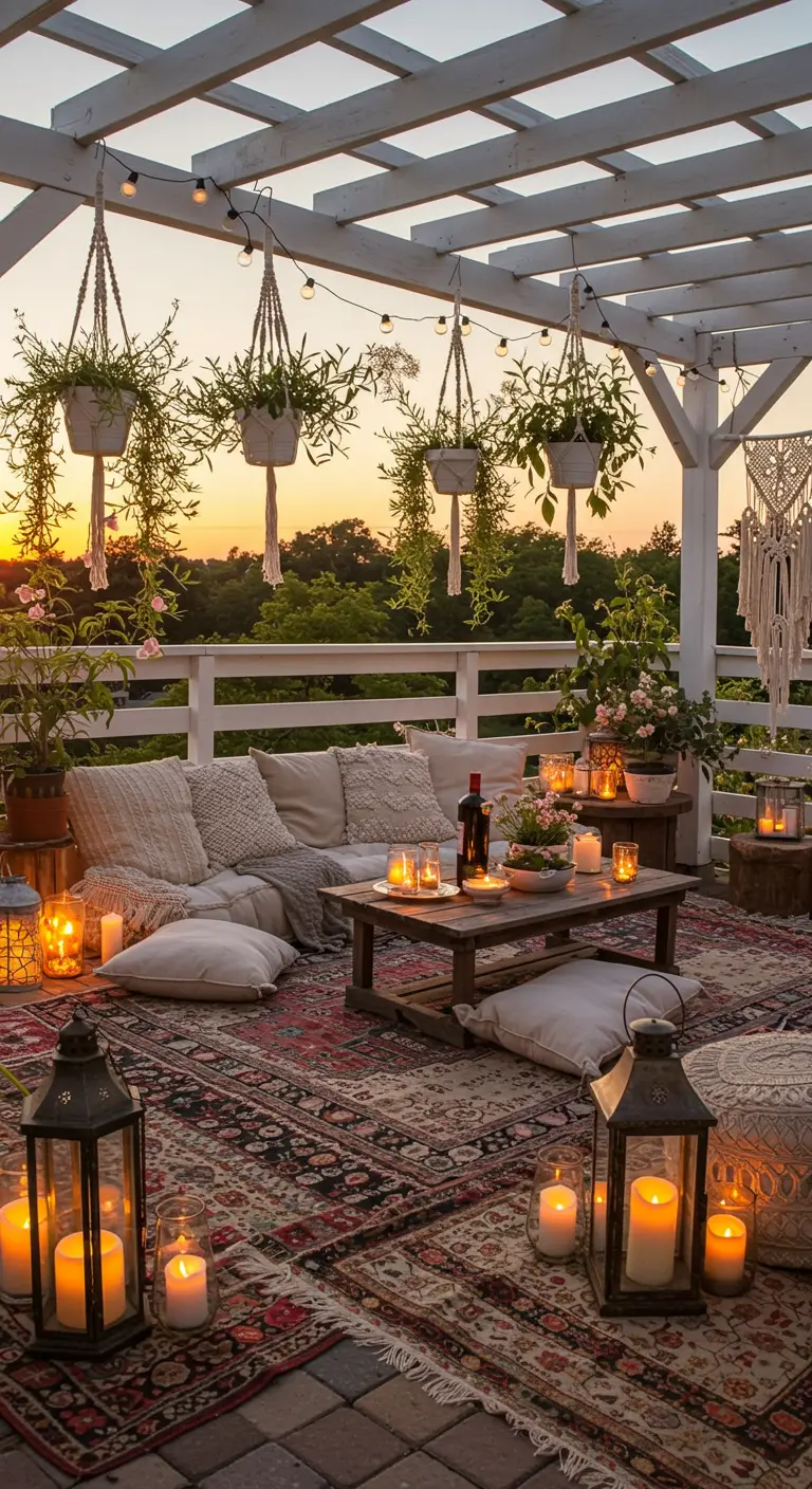 Terraza con pérgola blanca decorada en estilo bohemio, con alfombras, cojines, farolillos y plantas colgantes.