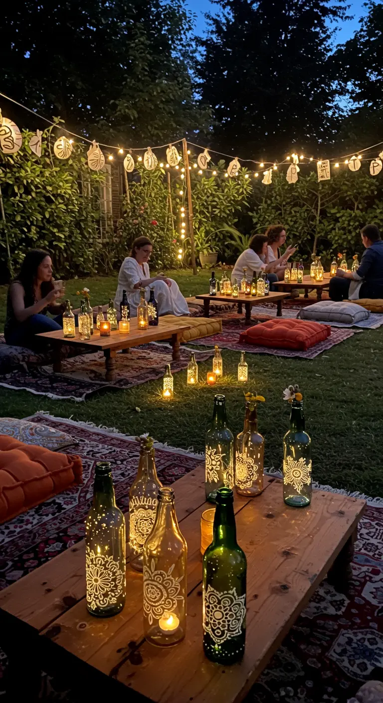 Fiesta bohemia en el jardín con botellas pintadas con mandalas y luces de hadas.