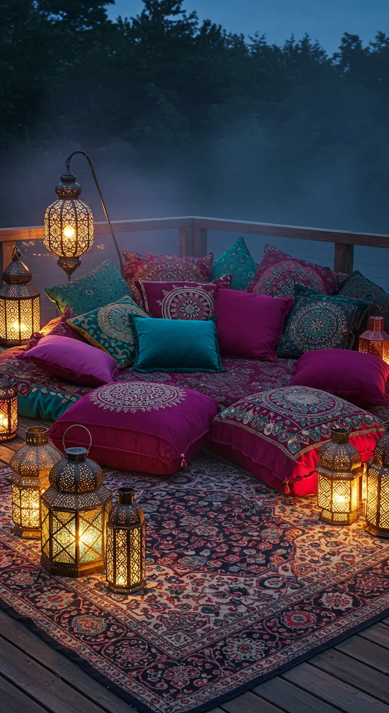 Terraza bohemia con cojines y alfombras en el suelo, rodeada de múltiples farolillos marroquíes encendidos.