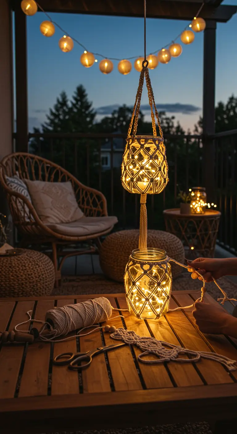Frascos con luces LED cálidas envueltos en soportes de macramé DIY en un balcón bohemio.