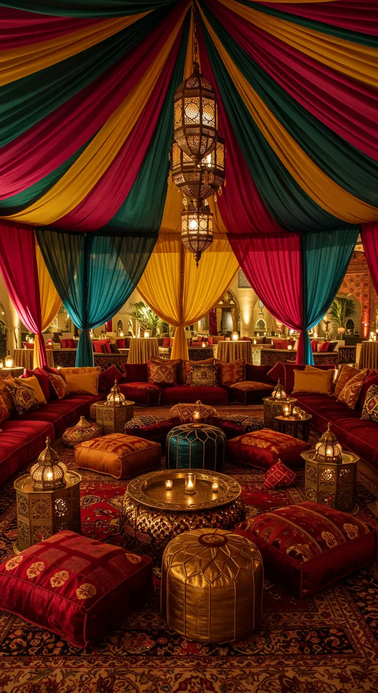 Espacio estilo marroquí con telas de colores, cojines en el suelo y farolillos árabes.