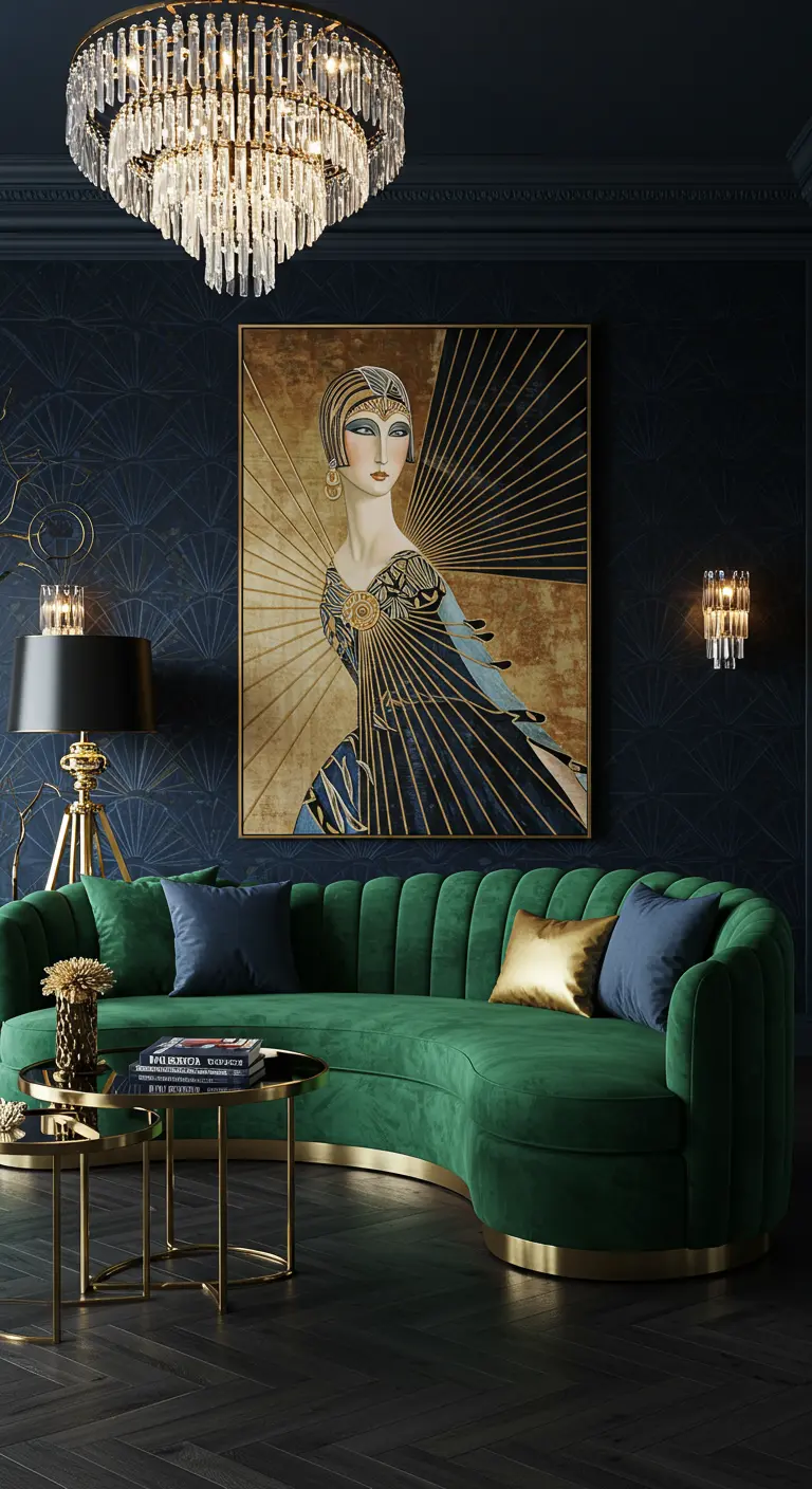 Salón Art Déco con un cuadro de una mujer estilizada, sofá curvo de terciopelo verde y detalles dorados.