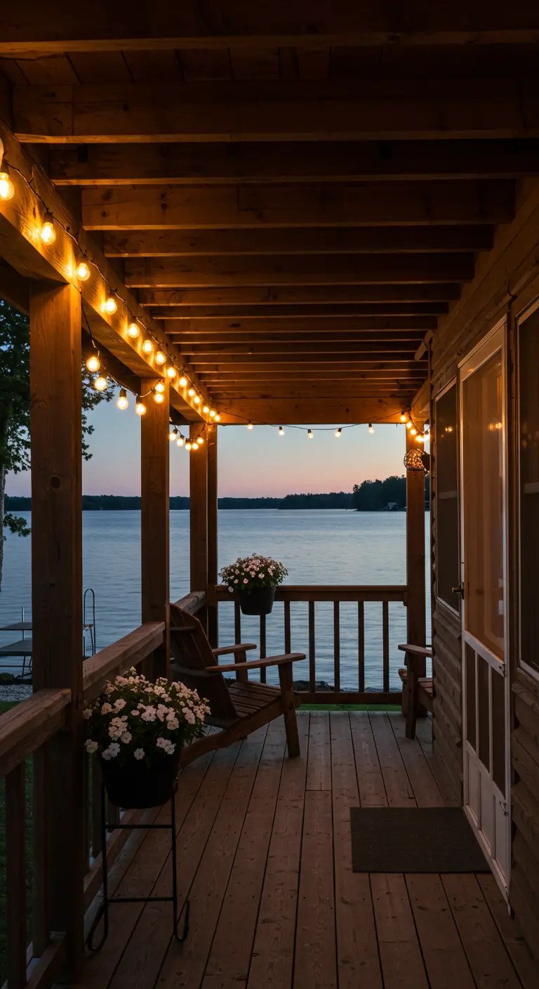 Porche de una cabaña de madera con vistas a un lago, iluminado con una guirnalda de bombillas grandes.