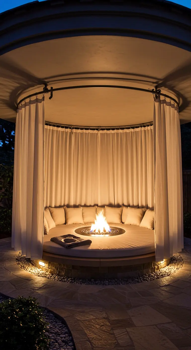 Sofá circular con un brasero en el centro y cortinas blancas, iluminado por la noche.