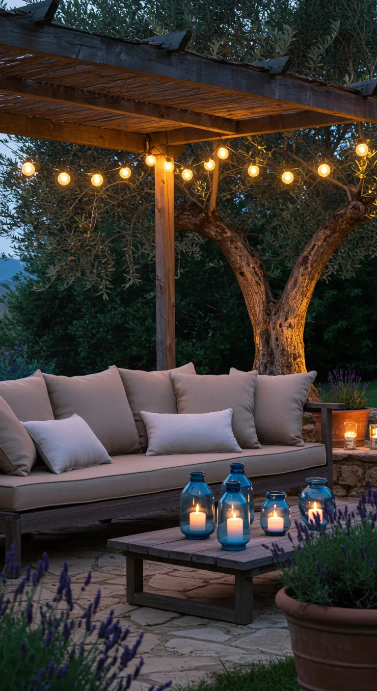 Patio de noche con un sofá bajo una pérgola con guirnaldas de luces y farolillos azules con velas