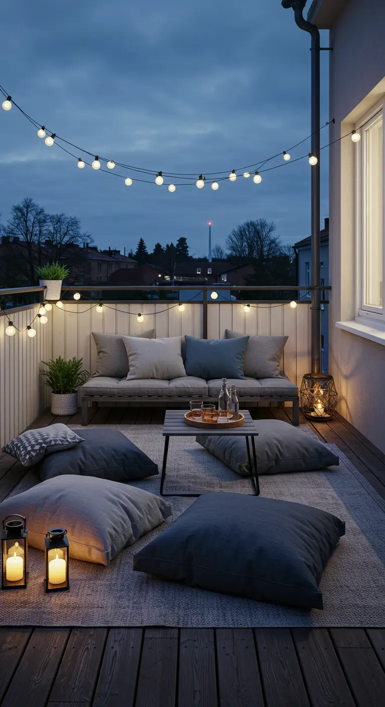 Ambiente nocturno en balcón con sofá bajo, cojines en el suelo y guirnaldas de luces.