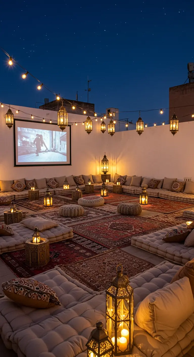 Cine al aire libre en una azotea marroquí, con proyector, cojines en el suelo y muchas luces.