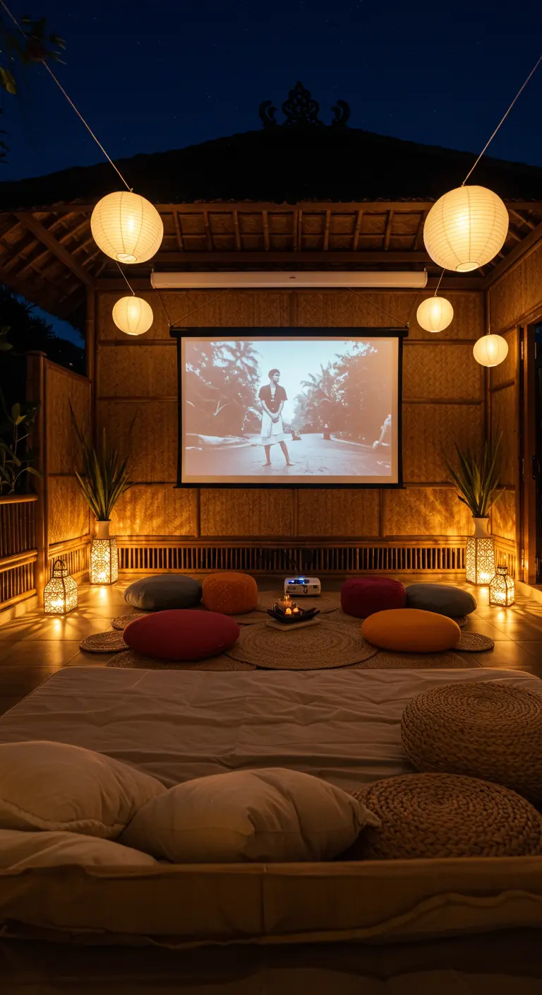 Cine de exterior nocturno con proyector, cojines en el suelo y lámparas de papel.