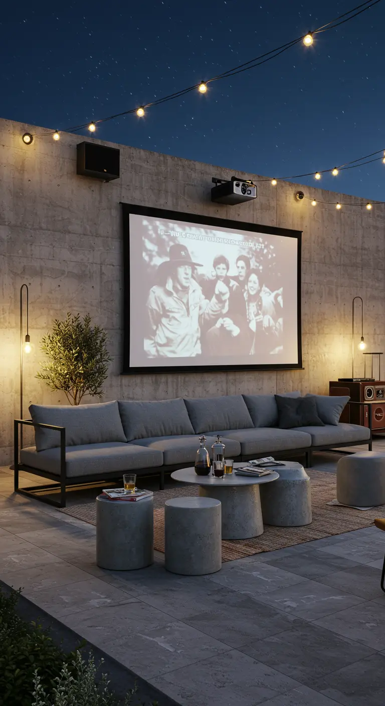 Cine de verano en una terraza con proyector sobre pared de cemento y sofás bajos.