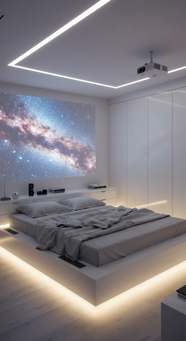 Dormitorio minimalista blanco con un proyector y luces LED indirectas bajo la cama