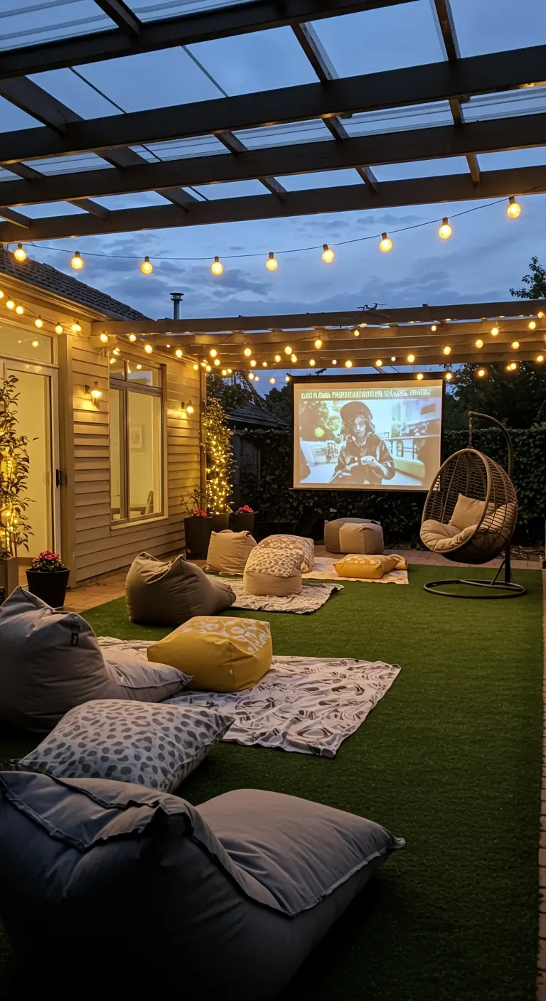 Cine de verano en el jardín con proyector, cojines en el suelo y guirnaldas de luces