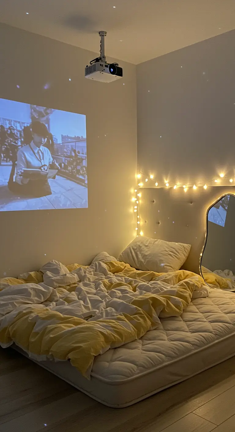 Habitación con un proyector mostrando una película, un colchón en el suelo y luces cálidas.