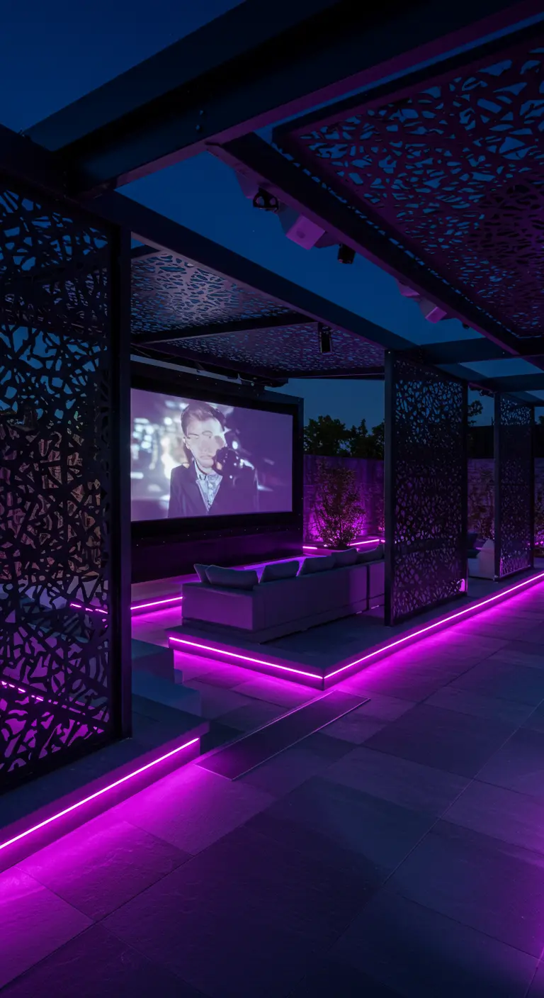 Cine al aire libre con pantalla grande y sofás bajos iluminados por luces LED de color morado.