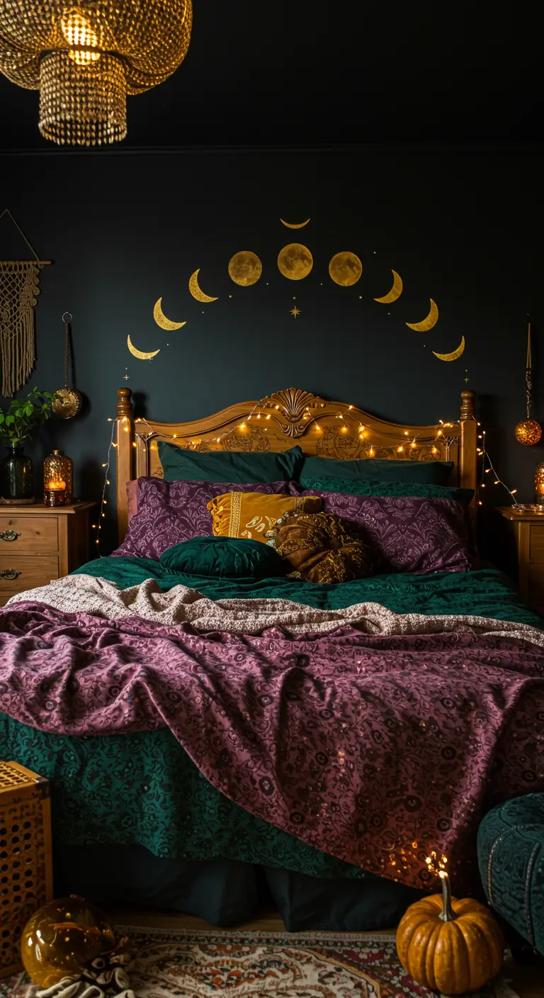 Dormitorio bohemio con decoración de fases lunares doradas sobre un cabecero de madera.