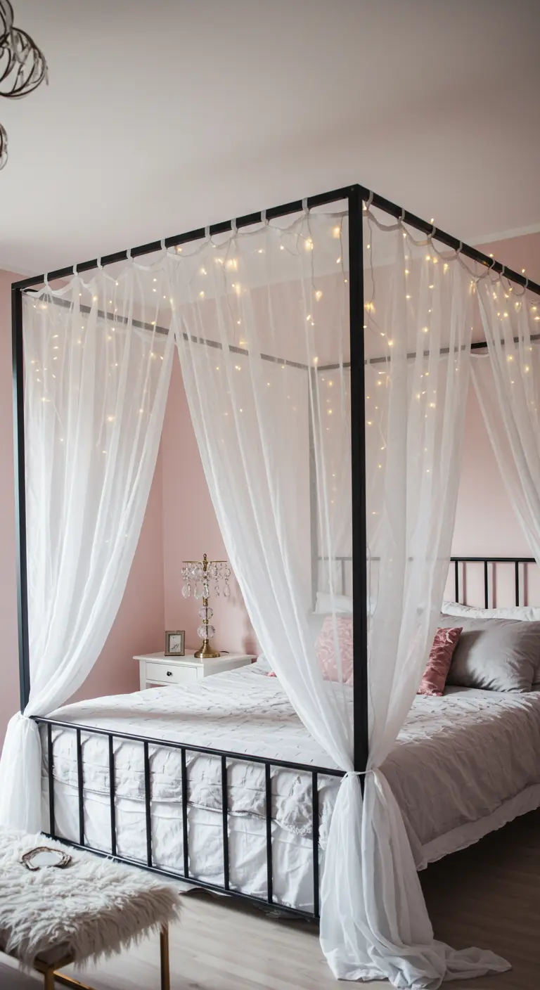 Cama con dosel decorada con cortinas de tul blanco y guirnaldas de luces cálidas