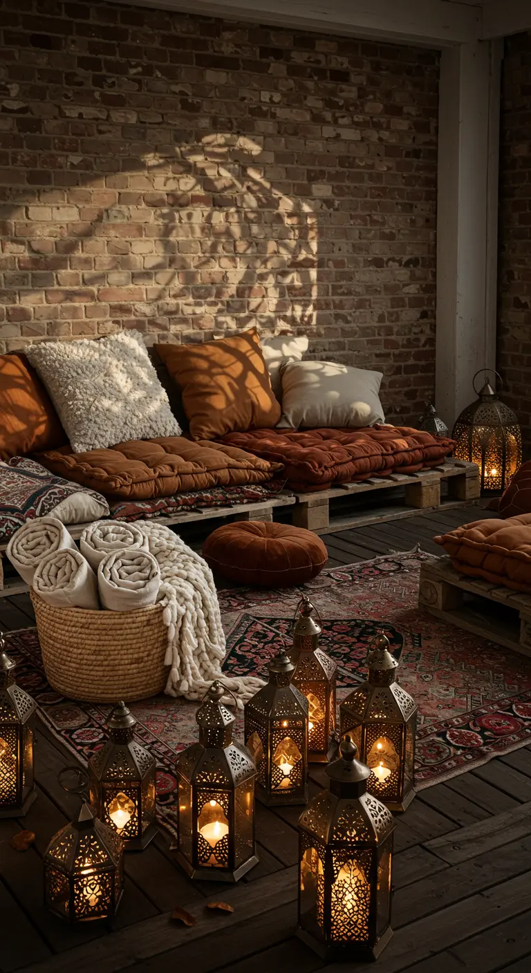 Terraza de estilo bohemio con cojines en el suelo sobre palets y muchos faroles árabes.
