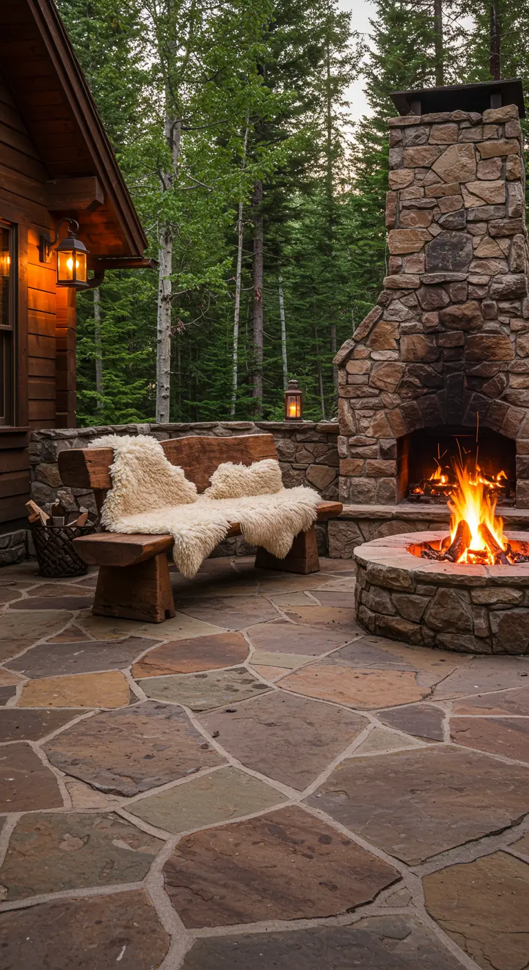 Patio rústico con chimenea de piedra, banco de madera y fogata encendida al anochecer.