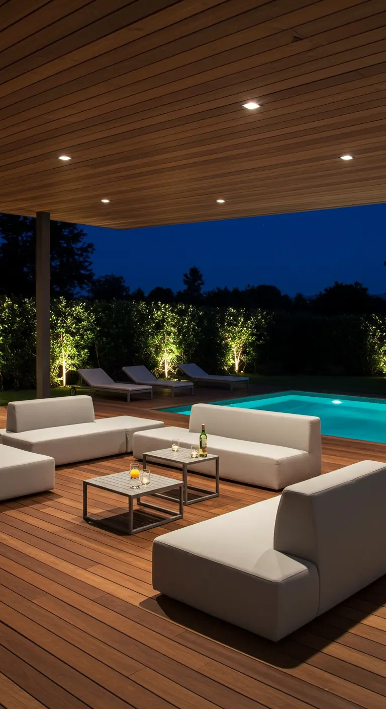 Zona de piscina moderna con sofás modulares blancos y una cuidada iluminación ambiental