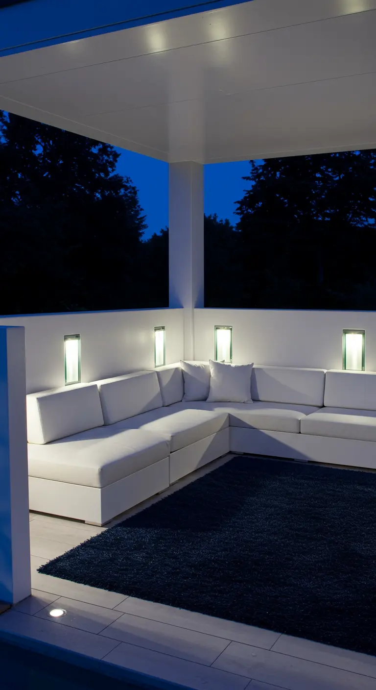 Porche moderno con sofá esquinero blanco, alfombra oscura y apliques de pared minimalistas.