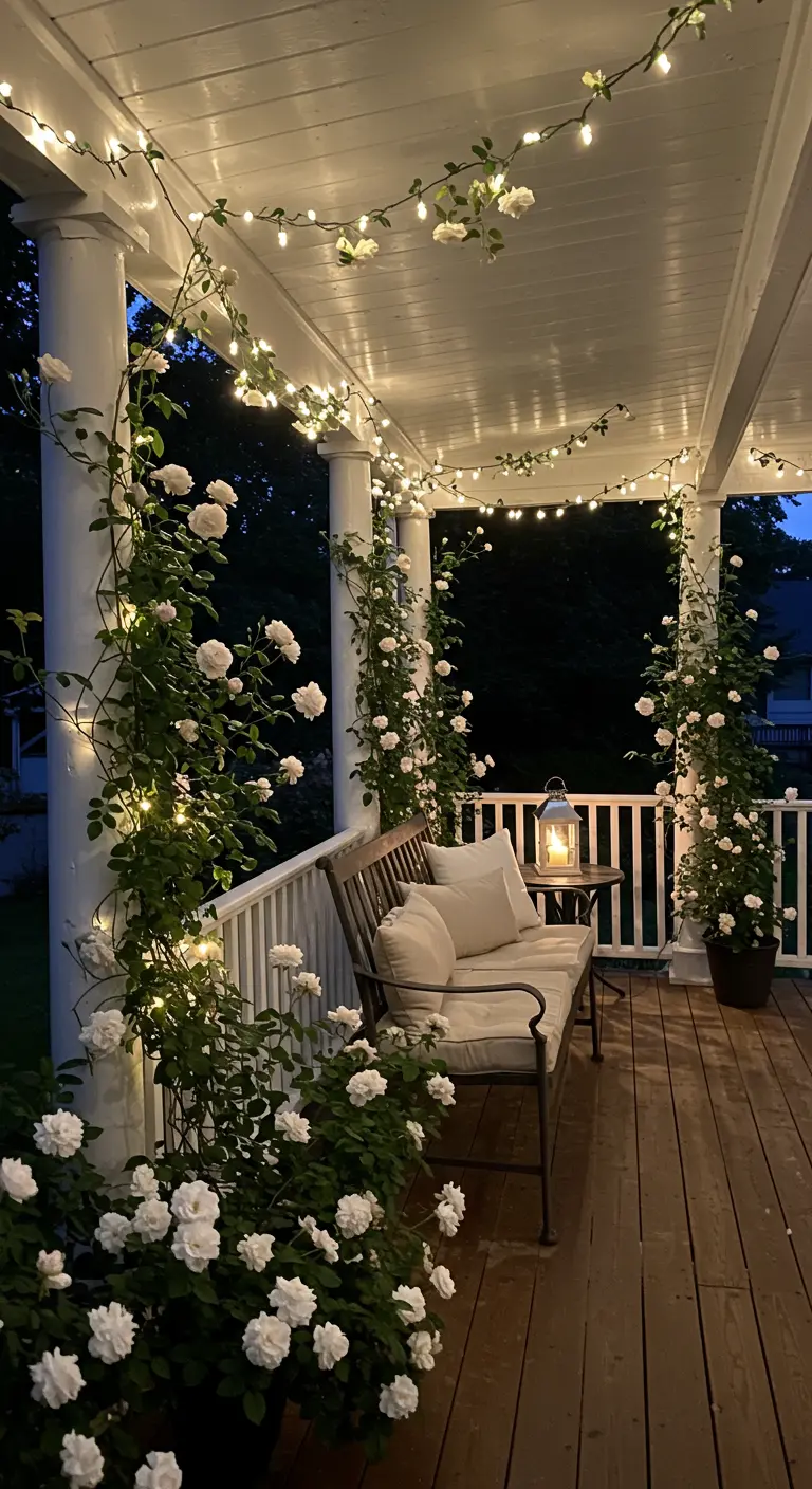 Porche blanco de noche, iluminado con guirnaldas de luces y decorado con rosales trepadores blancos.