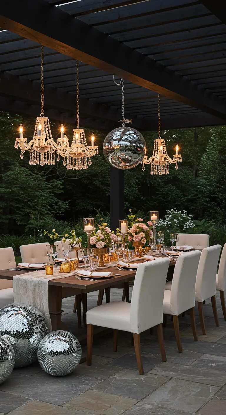 Comedor exterior bajo una pérgola con candelabros de cristal, una bola de espejos y una mesa elegante.