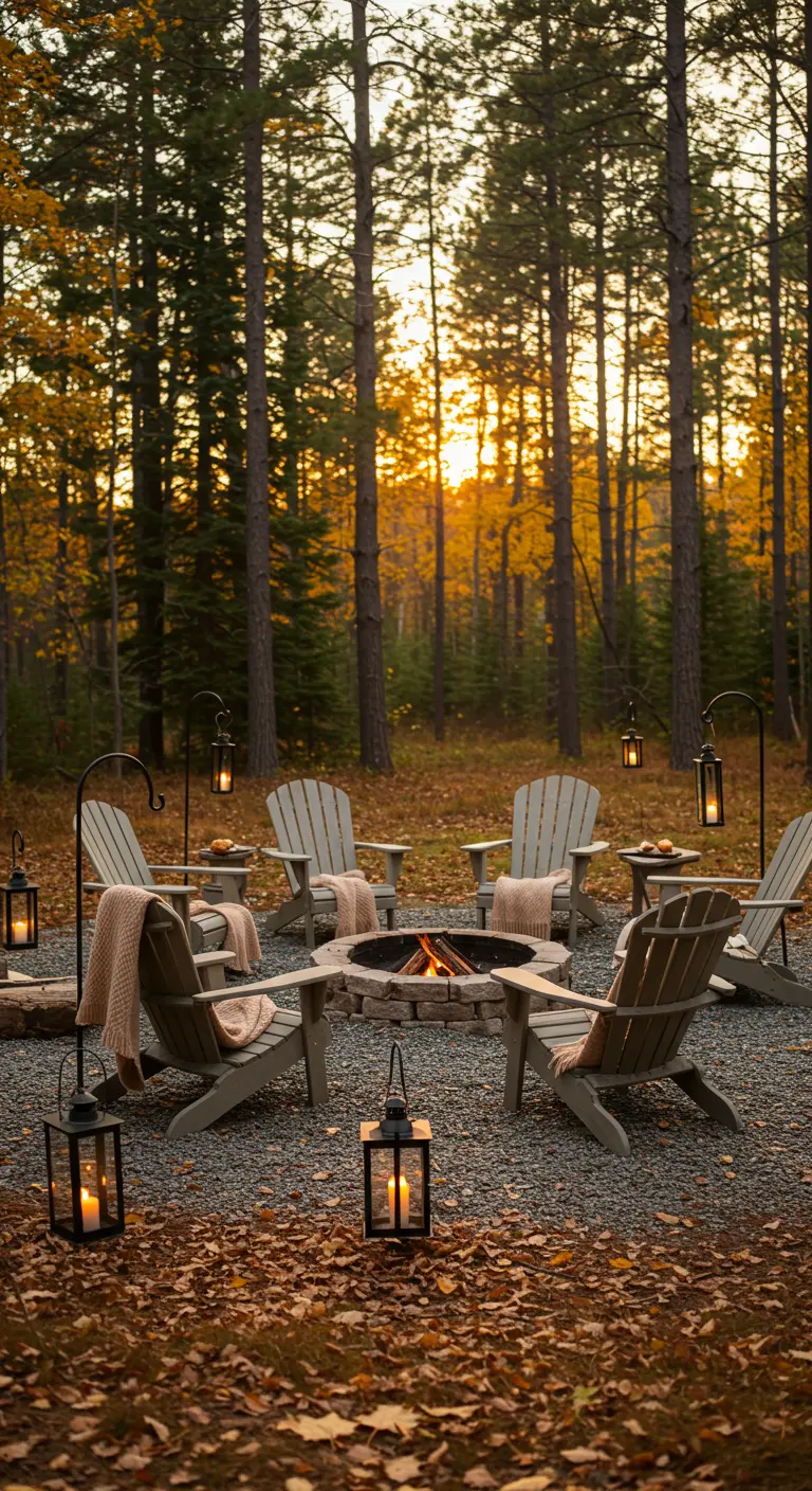 Zona de fogata en el bosque con sillas Adirondack, mantas y faroles colgantes y en el suelo.