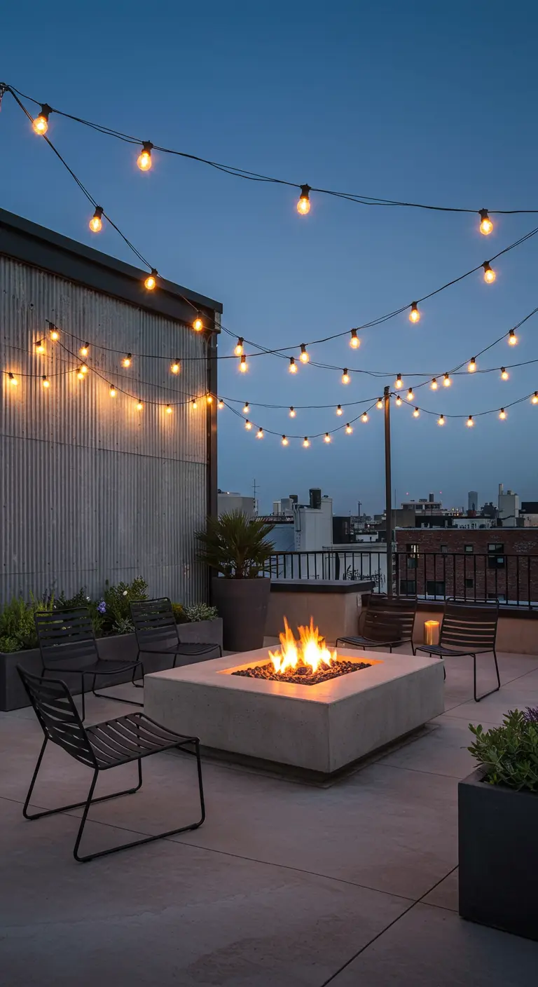 Terraza urbana con un brasero de hormigón, sillas de metal y guirnaldas de luces cruzadas.