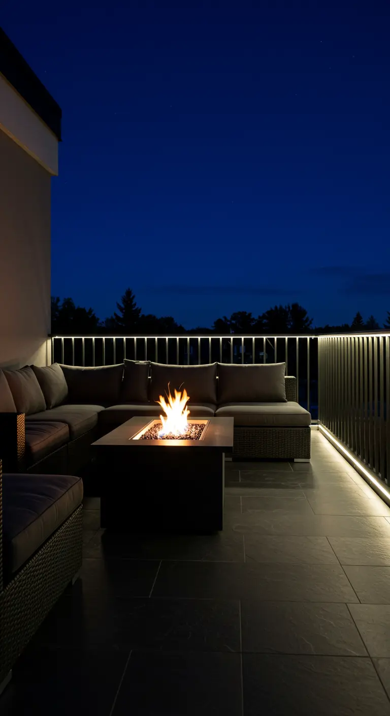 Un moderno balcón de noche con un brasero encendido y tiras de luz LED bajo la barandilla.