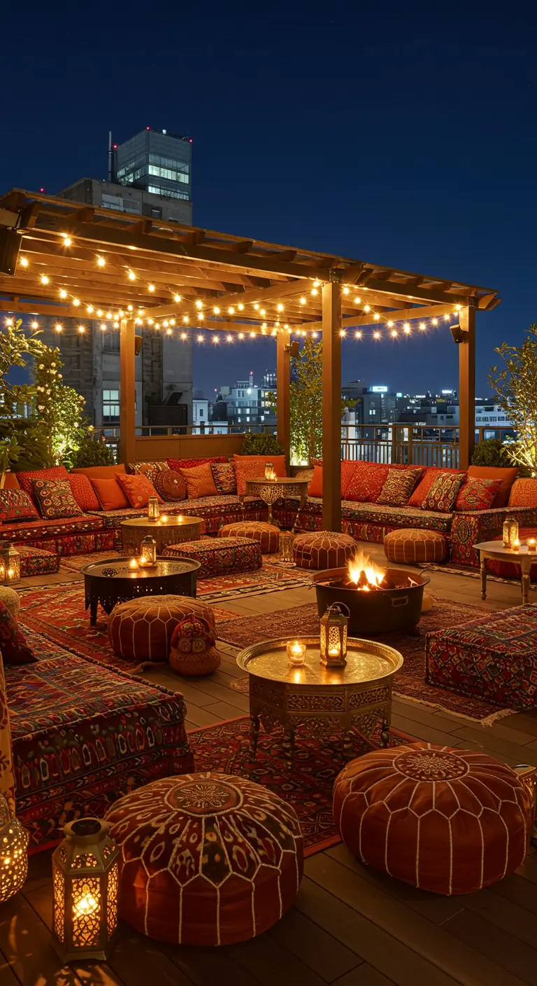 Terraza bohemia nocturna con sofás bajos, pufs, brasero y guirnaldas de luces bajo una pérgola.