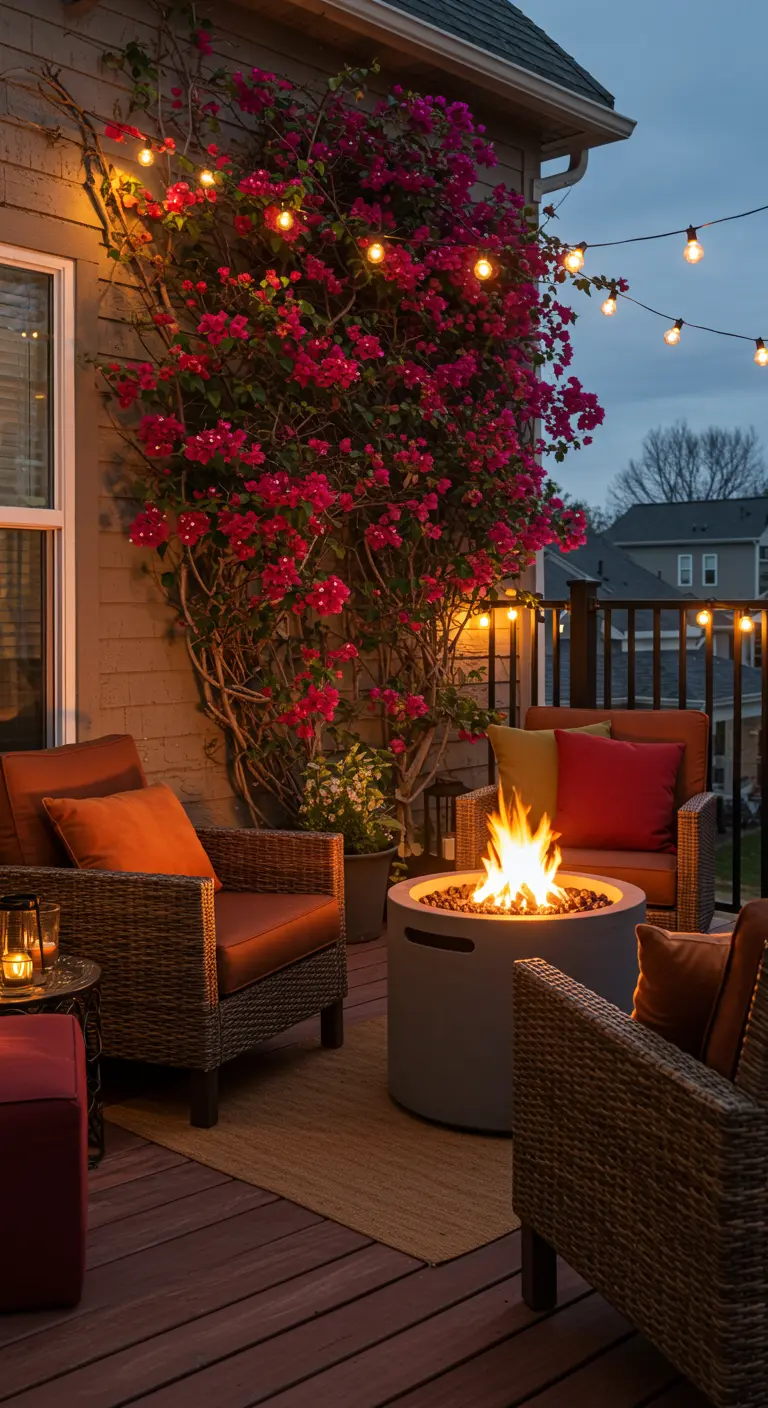 Terraza con buganvilla, fogón, sillones de mimbre y guirnaldas de luces.