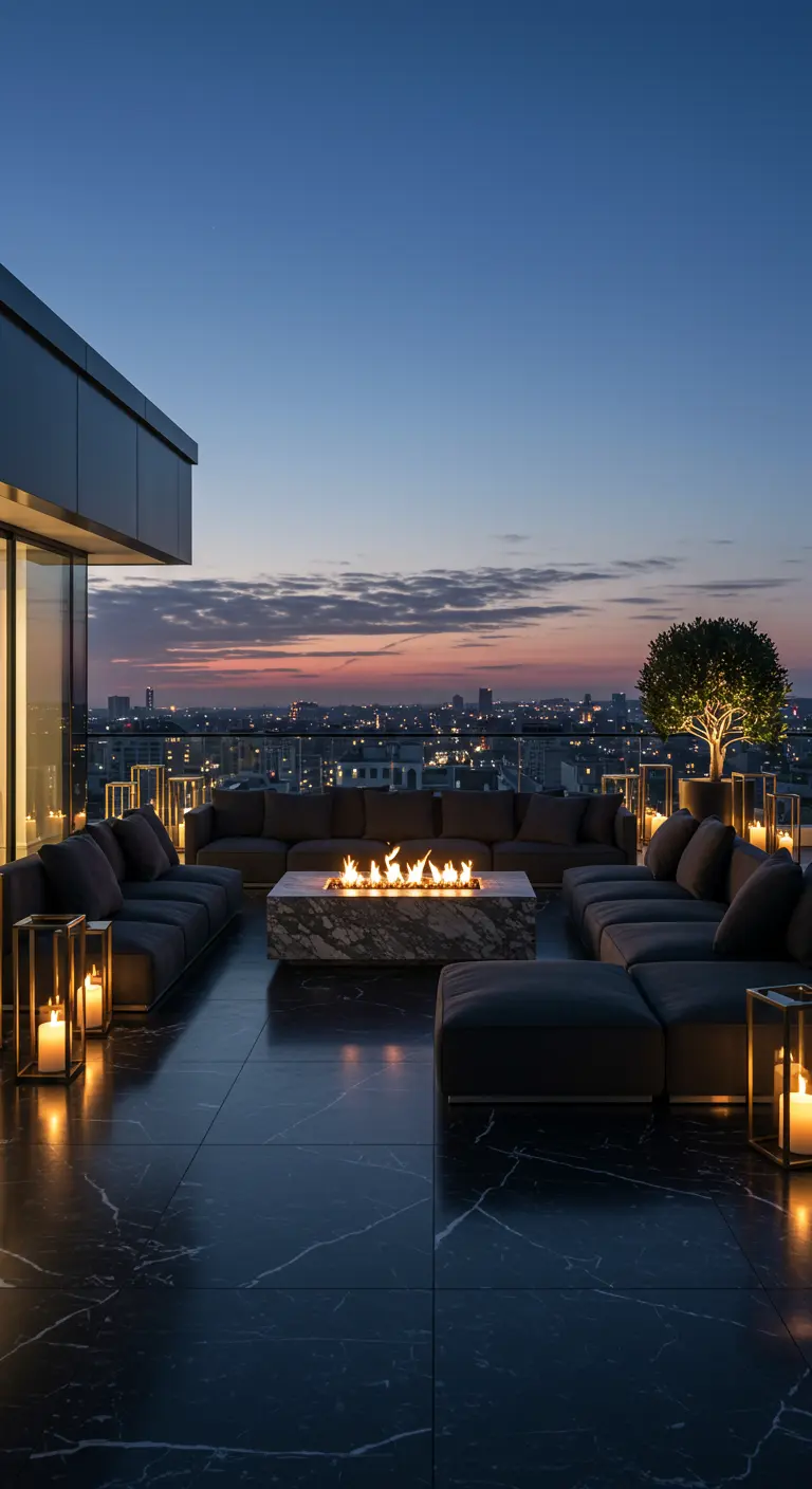 Terraza moderna al atardecer con un fogón central de mármol negro y sofás modulares oscuros.